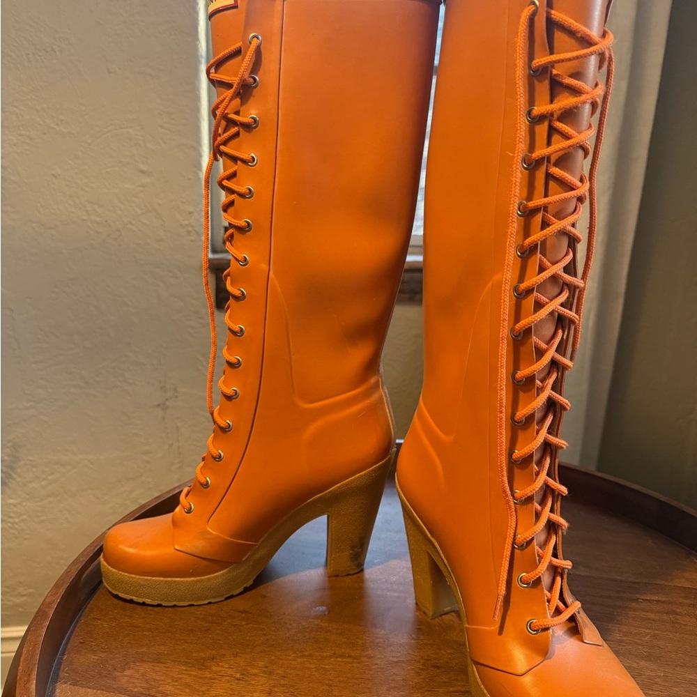 Hunter Orange Lace-Up Heeled Boots